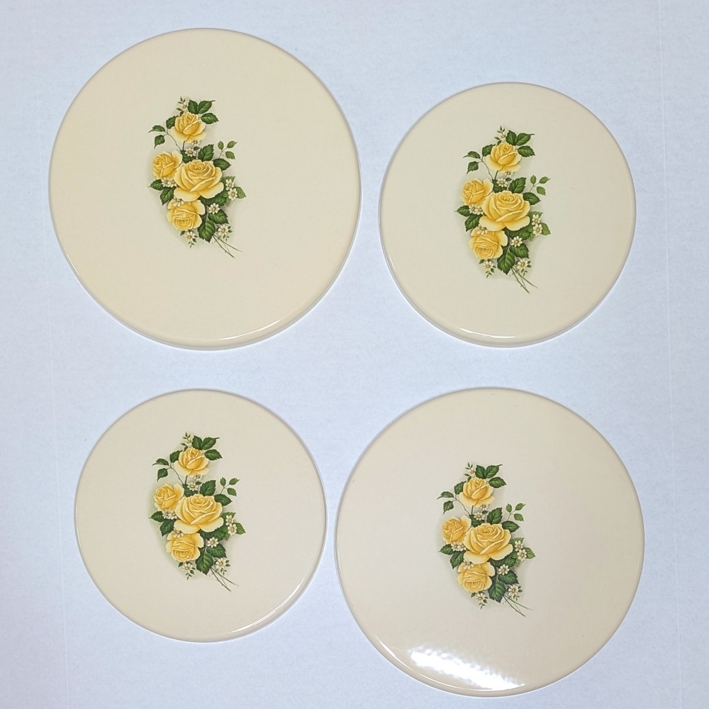 Vintage Enamel Metal Yellow Rose Round Large & Small Stove Burner Covers Set 4